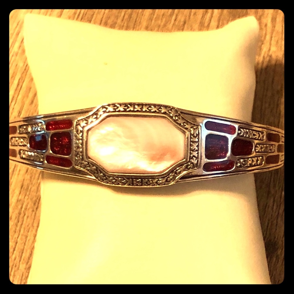 Silver-Tone Bracelet with Mother-of-Pearl Center and Red Inlay